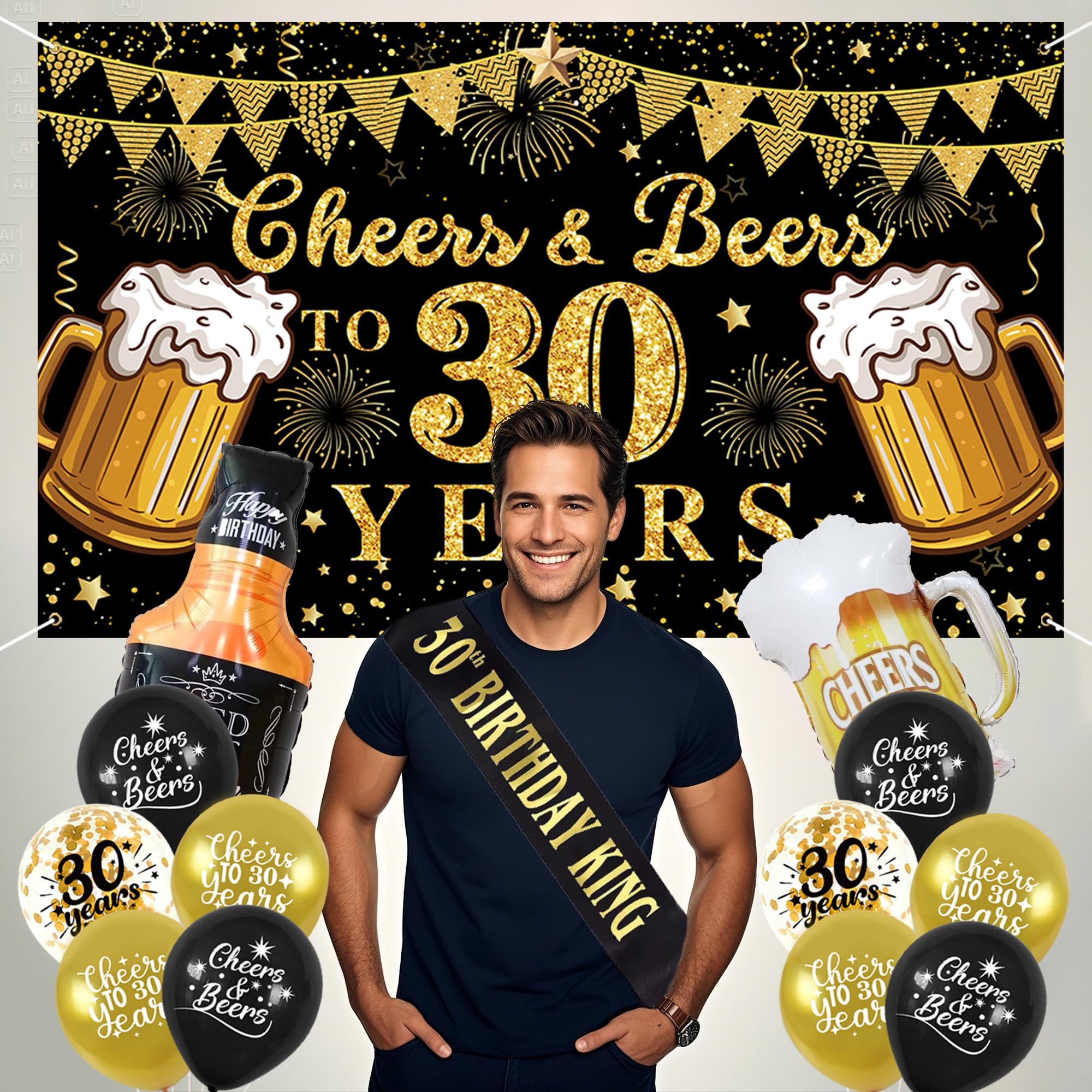 Vlipoeasn 30th Birthday Decorations for Him, Cheers and Beers to 30 Years Decorations for Men, Happy 30th Birthday Decor Kit with Backdrop Banner, King Sash