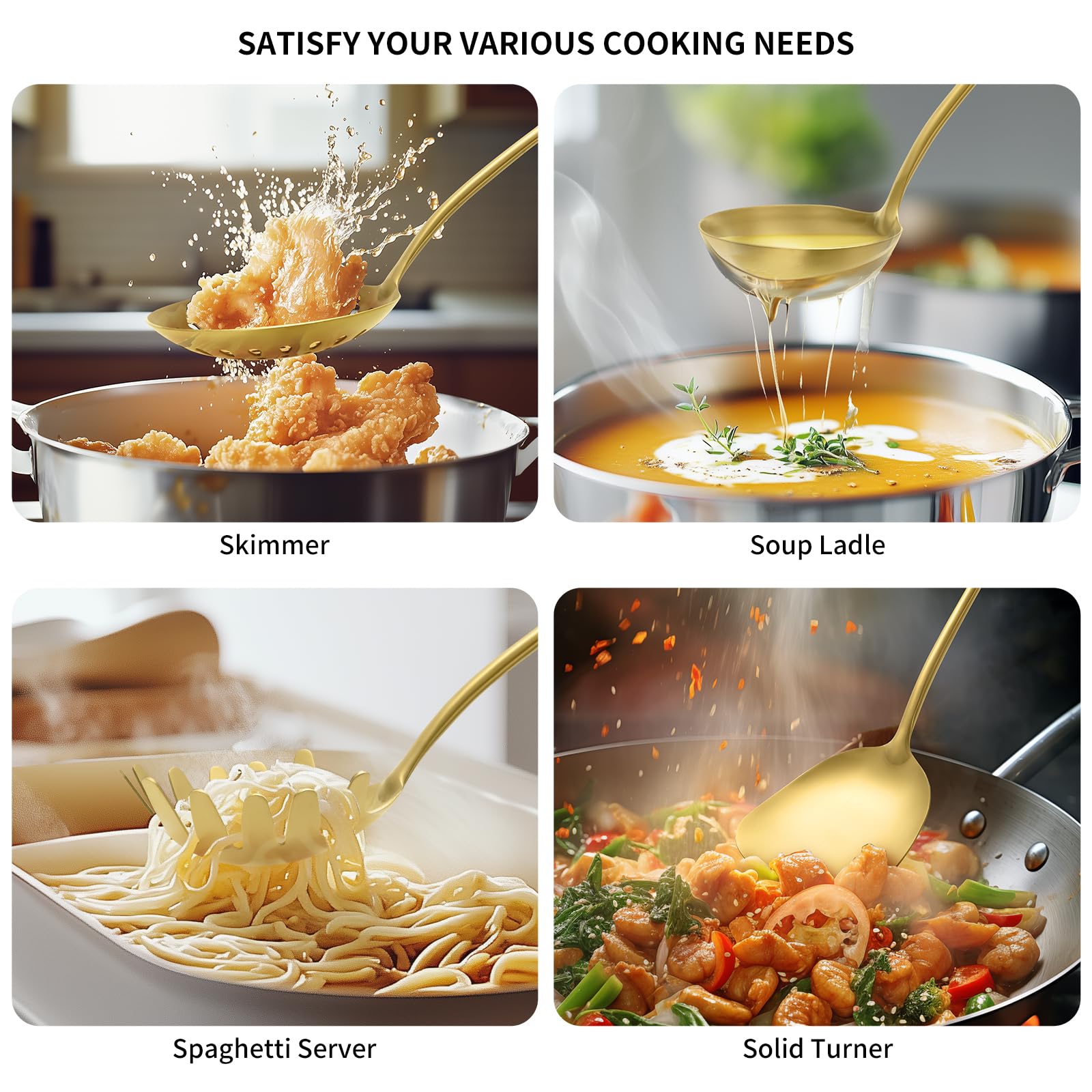 304 Stainless Steel Kitchen Cooking Utensils Set - 9 PCS Serving Utensils, Include Skimmer, Soup Ladle, Spaghetti Server, Wok Spatula, Slotted & Solid Spoon, Slotted Spatula Turner, Meat Fork (Gold）