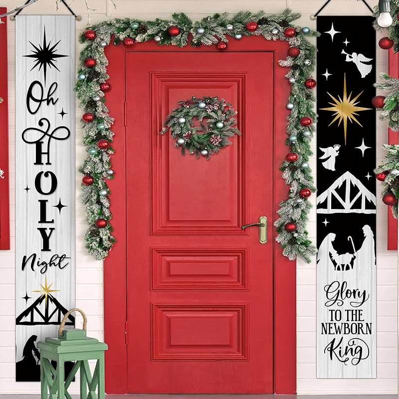 Holy Night Black Christmas Nativity Porch Banner Sign - 72 x 12 in, Water-Resistant Front Door Decor