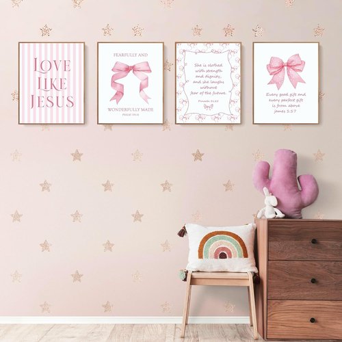 LARTSFRO Coquette Pink Bow Wall Art - Inspirational Christian Decor for Bedroom & Dorm | Set of 4 Unframed 10x8 Inch Prints