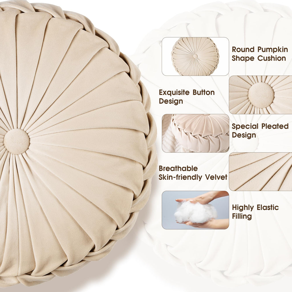 ROSE&RISY Round Pleated Velvet Throw Pillow, 1 Pack Decorative Accent Pumpkin Pillow Cushion for Couch Sofa Chair Bed Car Home Decor (14.5 Inch, Cream)