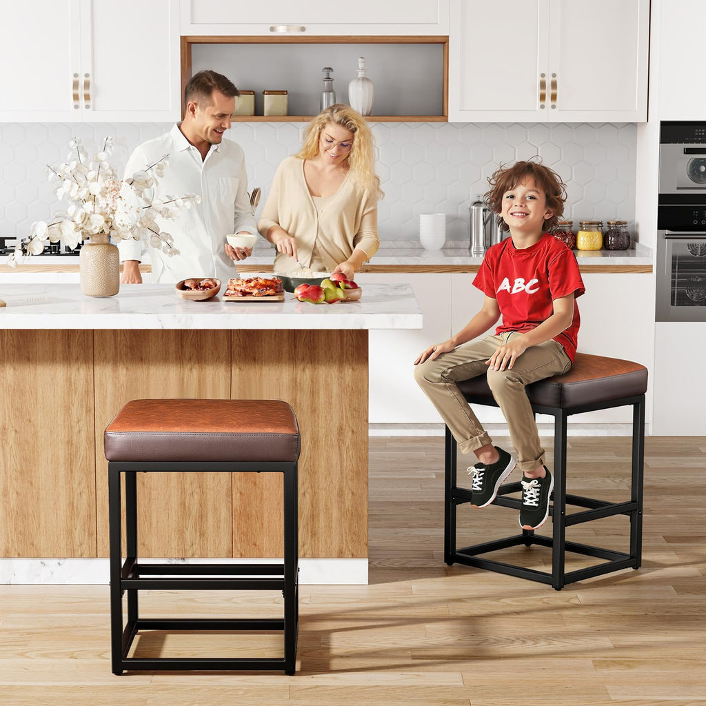 Raynesys Counter Height Bar Stools Set of 2, 24" Barstools for Kitchen Countertop, Faux Leather Counter Stools with Thick Square Seats & Sturdy Metal Base, Simple Assembly, Brown