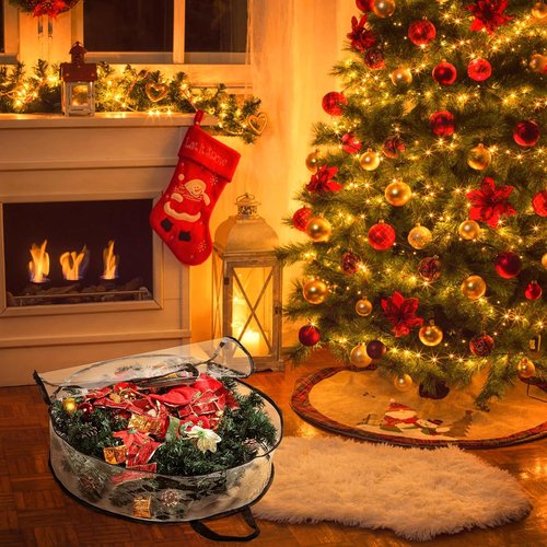 Hedume Wreath Storage Bag - 30" X 8" Clear Container with Dual Zipper and Reinforced Handle for Holiday Decor