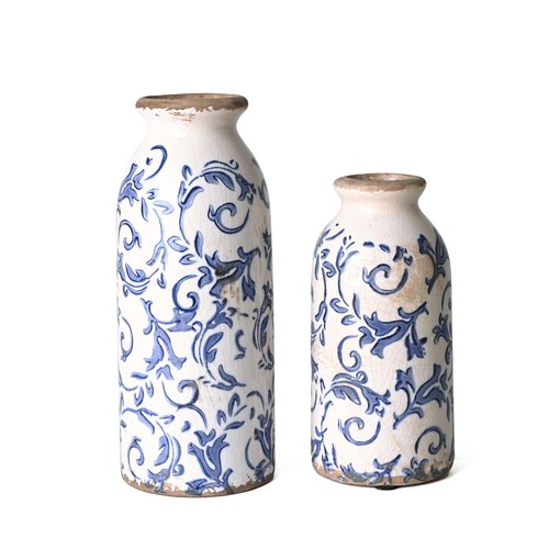 VICTOR & TERESA Blue and White Ceramic Vases Home Decor, Farmhouse Vase for Flowers, Flower Vase Set of 2, Rustic Decorative Vases for Pampas Grass, Table, Living Room, Shelf, Centerpieces, 8 inch