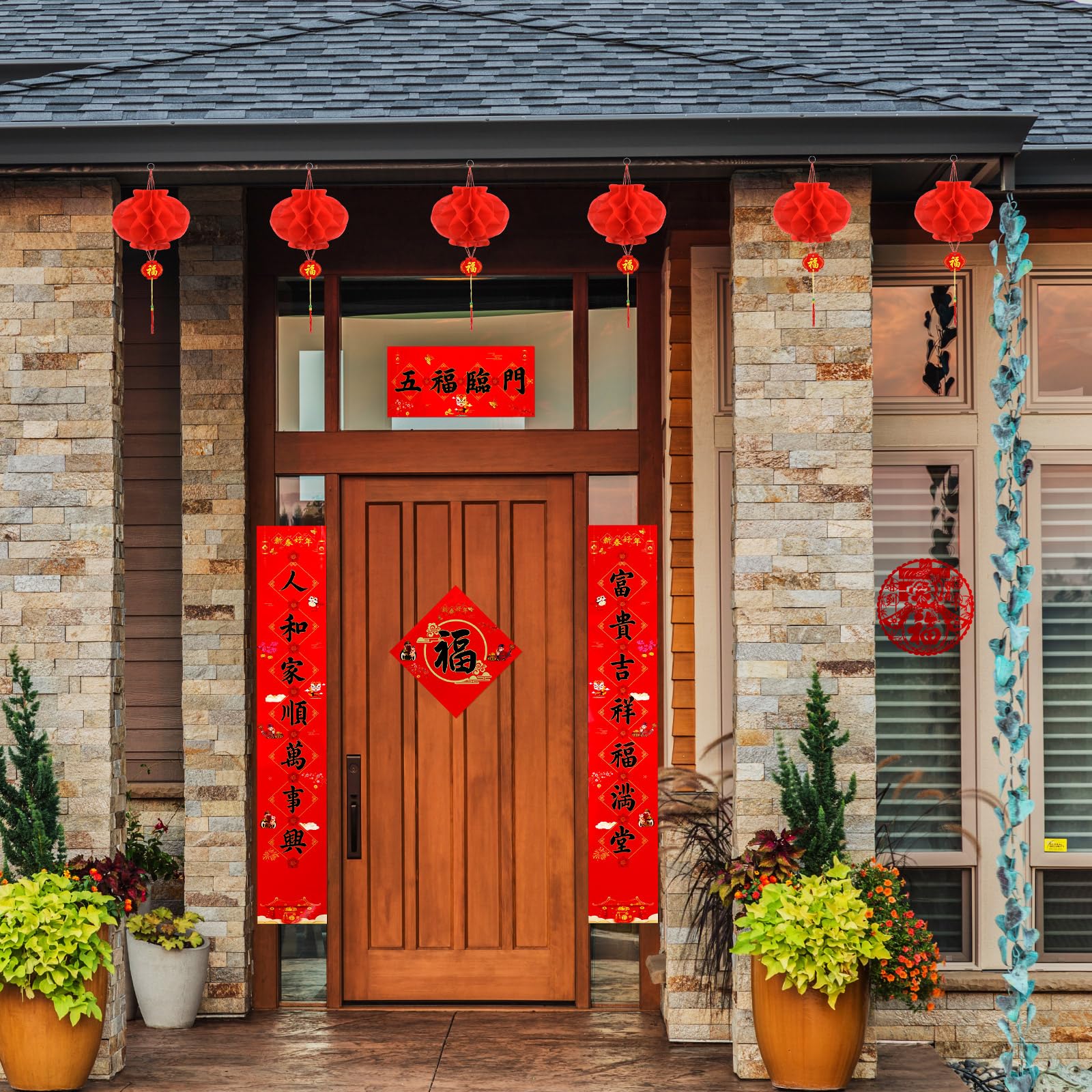 Zonon 47 Pcs Chinese New Year Decorations 2026, Lunar New Year Decor Includes Couplets Fu Character Window Stickers Red Lanterns Red Envelopes for Spring Festival Party Decorations(Classic)