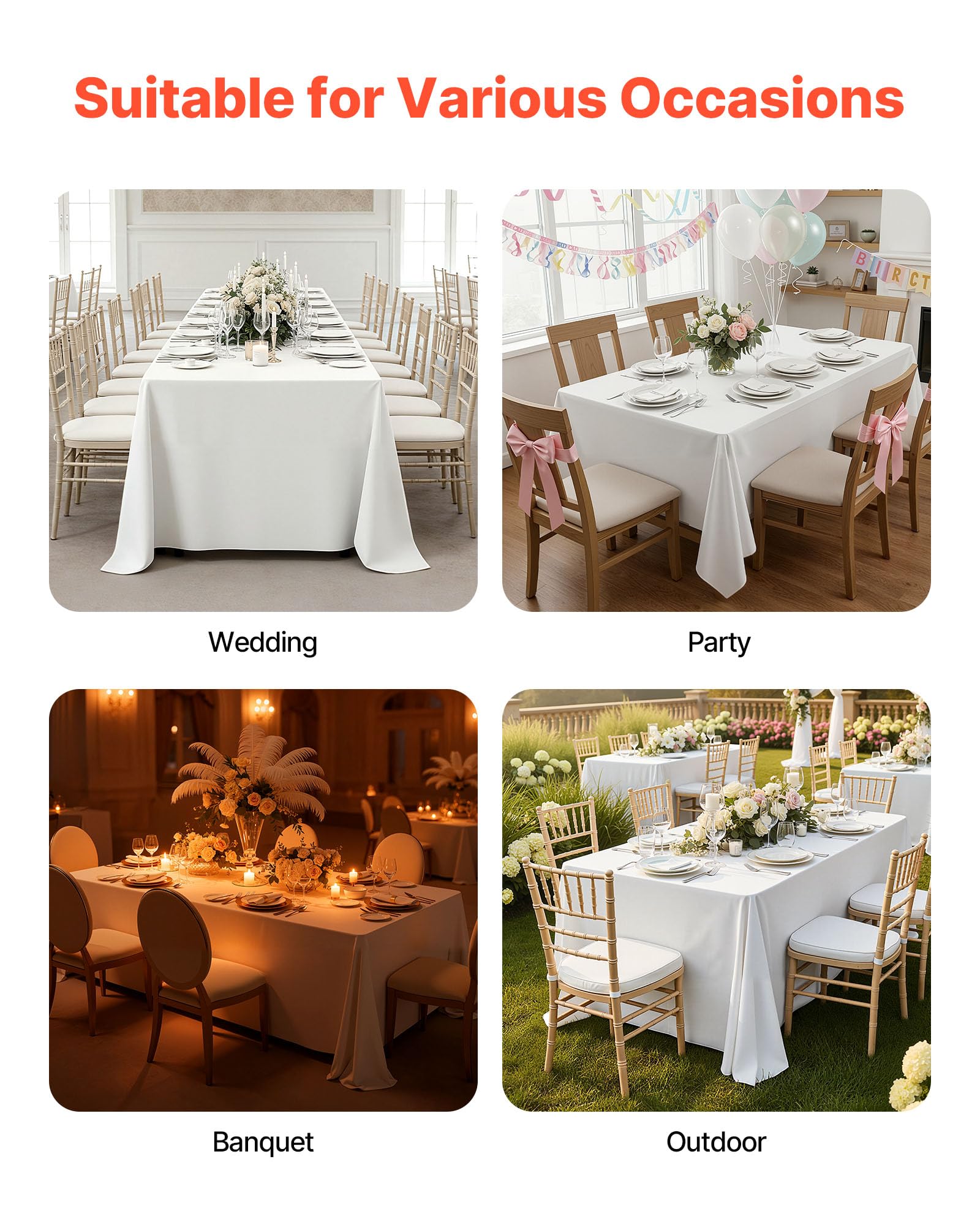 VEVOR White Tablecloths for Rectangle Tables, 10 Pack, 70 x 120 Inches, Reusable and Machine Washable Table Clothes, Wrinkle-Resistant Polyester Fabric Table Covers for Wedding, Party, Banquet