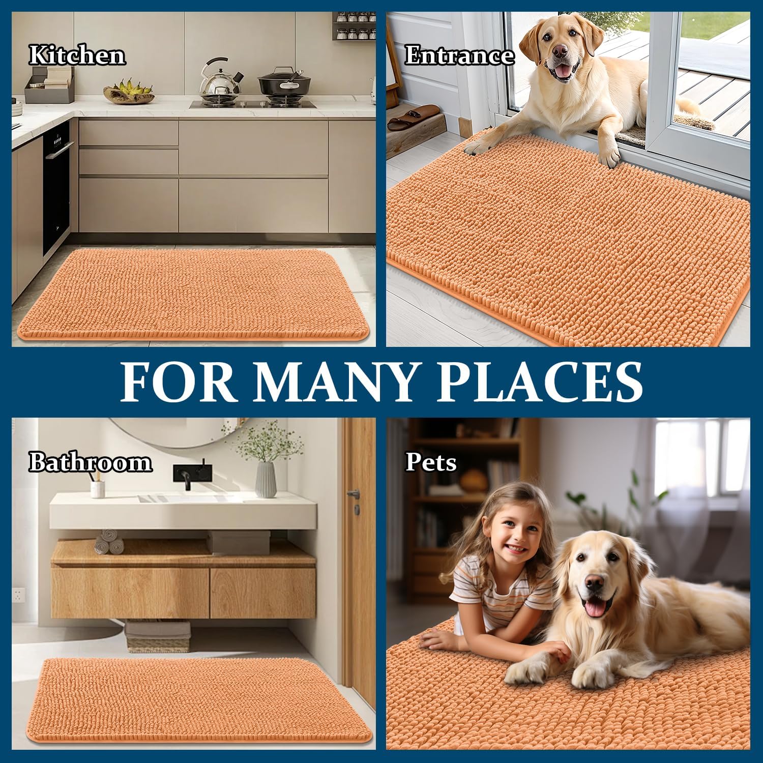OLANLY Dog Door Mat - Absorbent Non-Slip Washable Doormat for Muddy Paws | 40x24 Inches, Orange