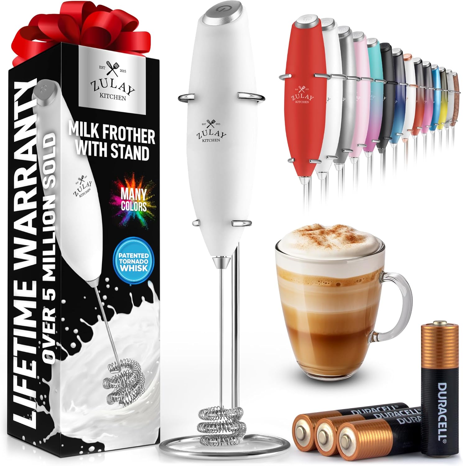 Zulay Kitchen Tornado Triple Whisk Milk Frother - Handheld Foam Maker for Coffee & Lattes - Blizzard White with 4 Duracell Batteries