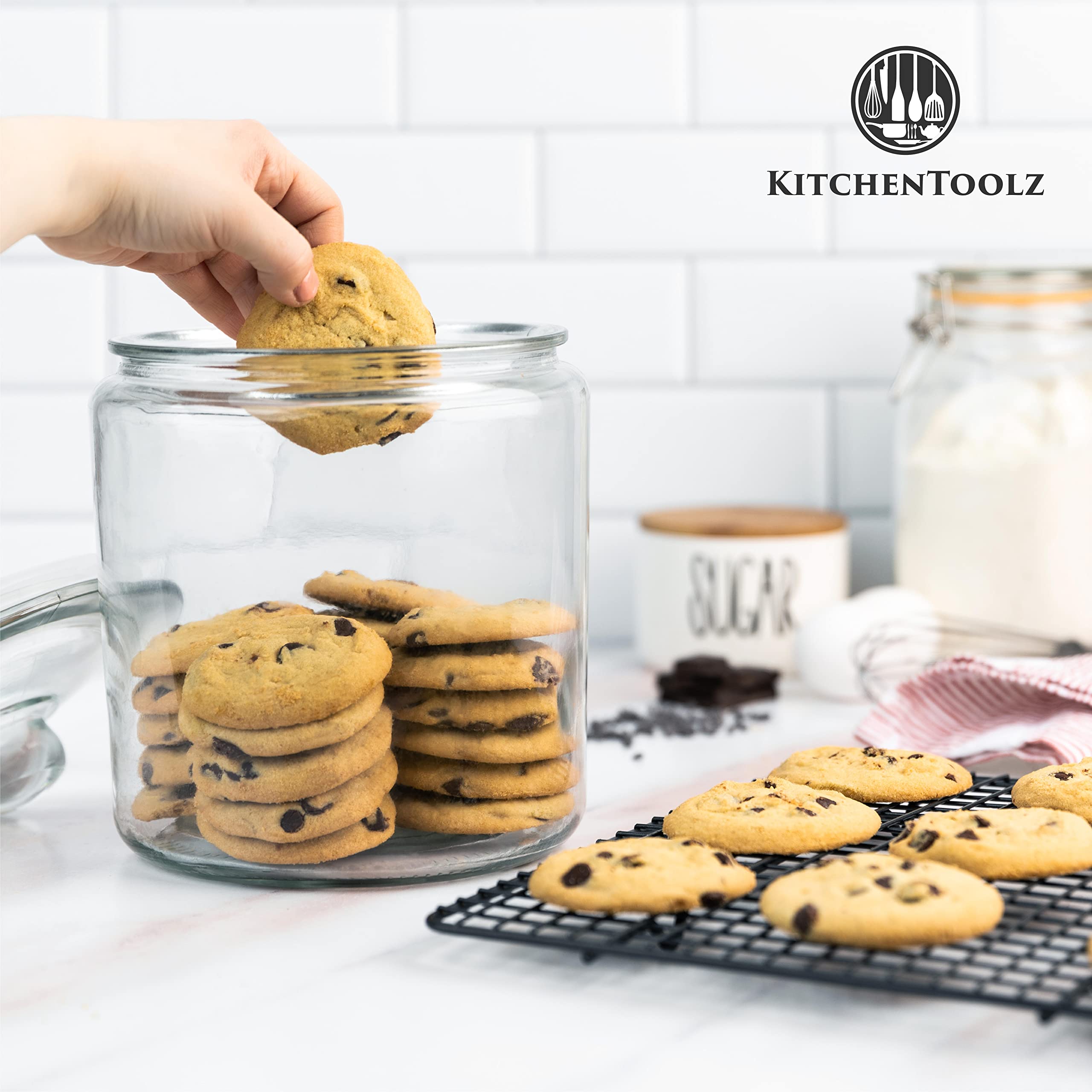 1 Gallon Glass Cookie Jar - Large Food Storage Container with Airtight Lid - Keep Fresh Flour, Chewy Pet Treats, Candy, Dried Foods, Detergent Pods for Your Kitchen or Laundry Room- Pack of 2