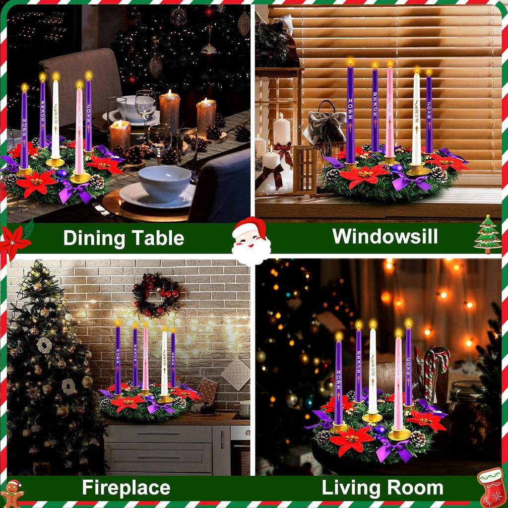 Skiennix 12-Inch Christmas Advent Wreath - 5 Candle Holder Set with Fire Retardant Metal Cups
