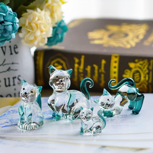HDCRYSTALGIFTS Blown Glass Cat Figurines - 4-Pack Emerald Green Crystal Kittens for Home Decor & Gifts