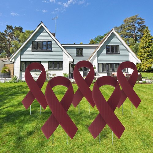 Large Ribbon Awareness Yard Sign - Waterproof Health Awareness Lawn Stake with Metal Stakes | Burgundy