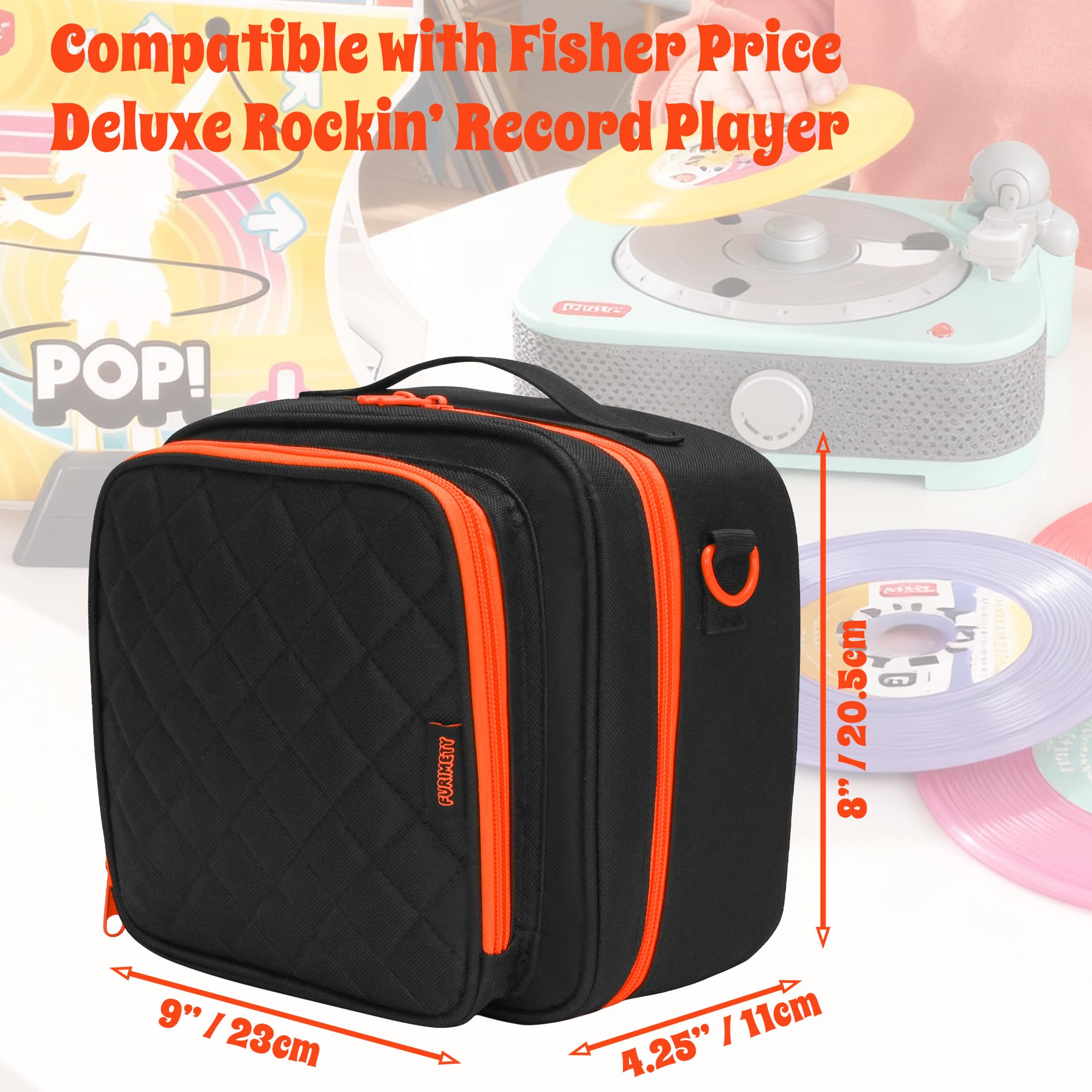 FURIMETY Records Toy Storage Bag Compatible with Fisher-Price Musical Toy Deluxe Rockin Record Player, Carrying Case with Accordion Album Pockets for kids record player, Black