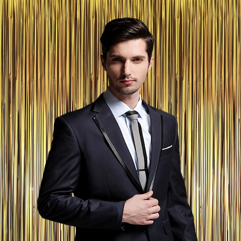 Voircoloria Matte Dark Gold Foil Fringe Backdrop Curtains - 3 Pack Tinsel Streamers for Parties & Events