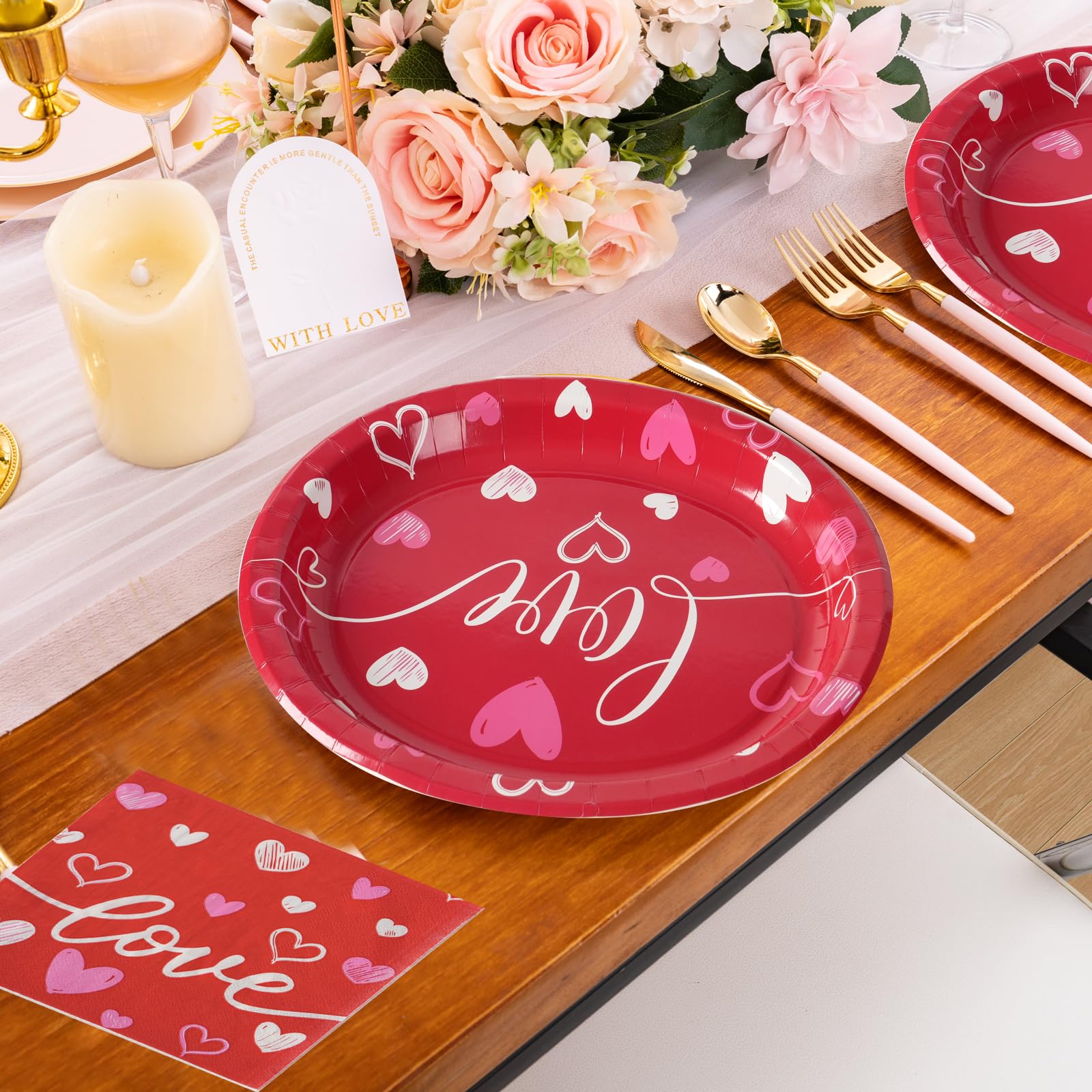 Dereinwo 50Pcs Valentines Day Large 12" x 10" Oval Paper Plates and Napkins Disposable Heavy Duty Paper Plates and Napkins for Valentines Day Party Supplies