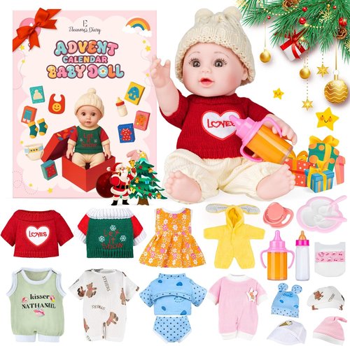 Eleanore's Diary Baby Doll Advent Calendar - 12'' Realistic Soft Body Doll Set with Clothes & Accessories | 24 Days of Christmas Surprises for Girls