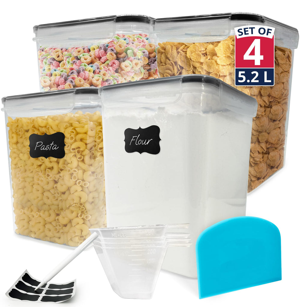 Reli. 5.2L Airtight Food Storage Containers with Lids (4 Sets) | Kitchen Organizers and Storage Pantry Organizers | BPA Free Plastic Container Set w/ 4 Measuring Cups, Dough Scraper, 6 Labels, Pen