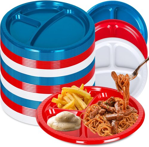 FYSUIMU 10-Inch Divided Plates - 90Pcs Patriotic Plastic Serving Trays for 4th of July & Memorial Day