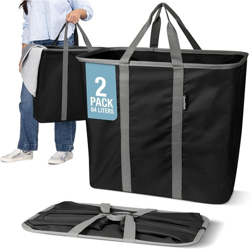 CleverMade Collapsible Laundry Caddy - XXL 64L Foldable Hamper & Tote, Space-Saving Organizer | 2 Pack - Black Gray