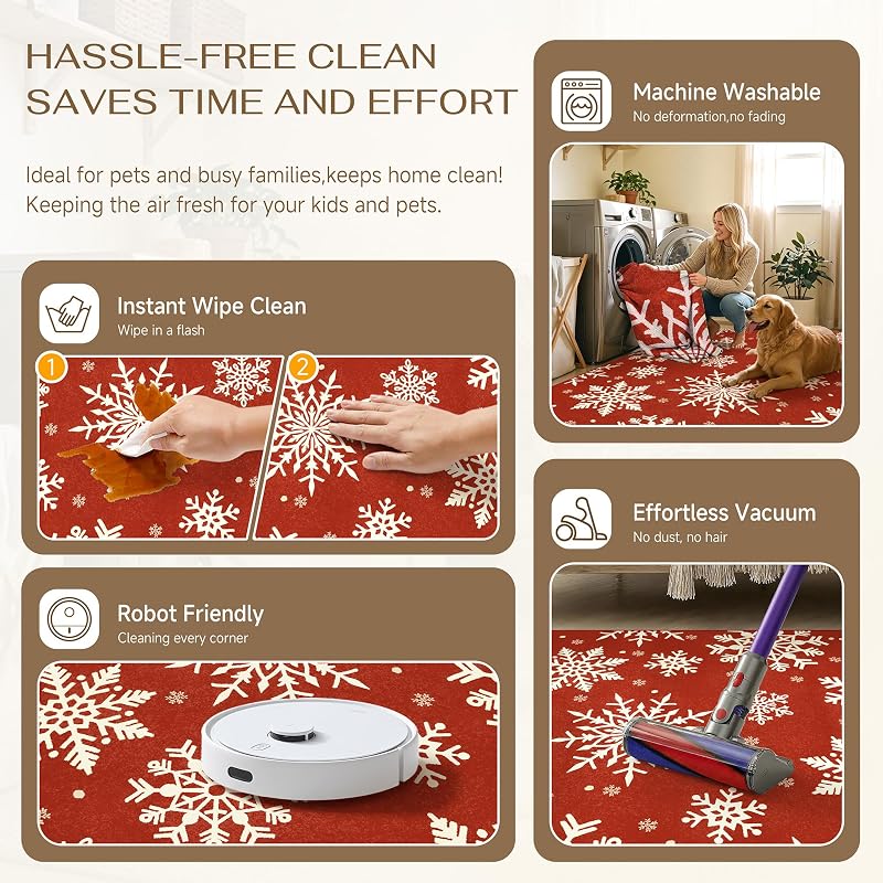 Snowflake Red 4x6 Area Rug – HUGEAR 4' x 6' Small Christmas Rug, Non-Slip Backing