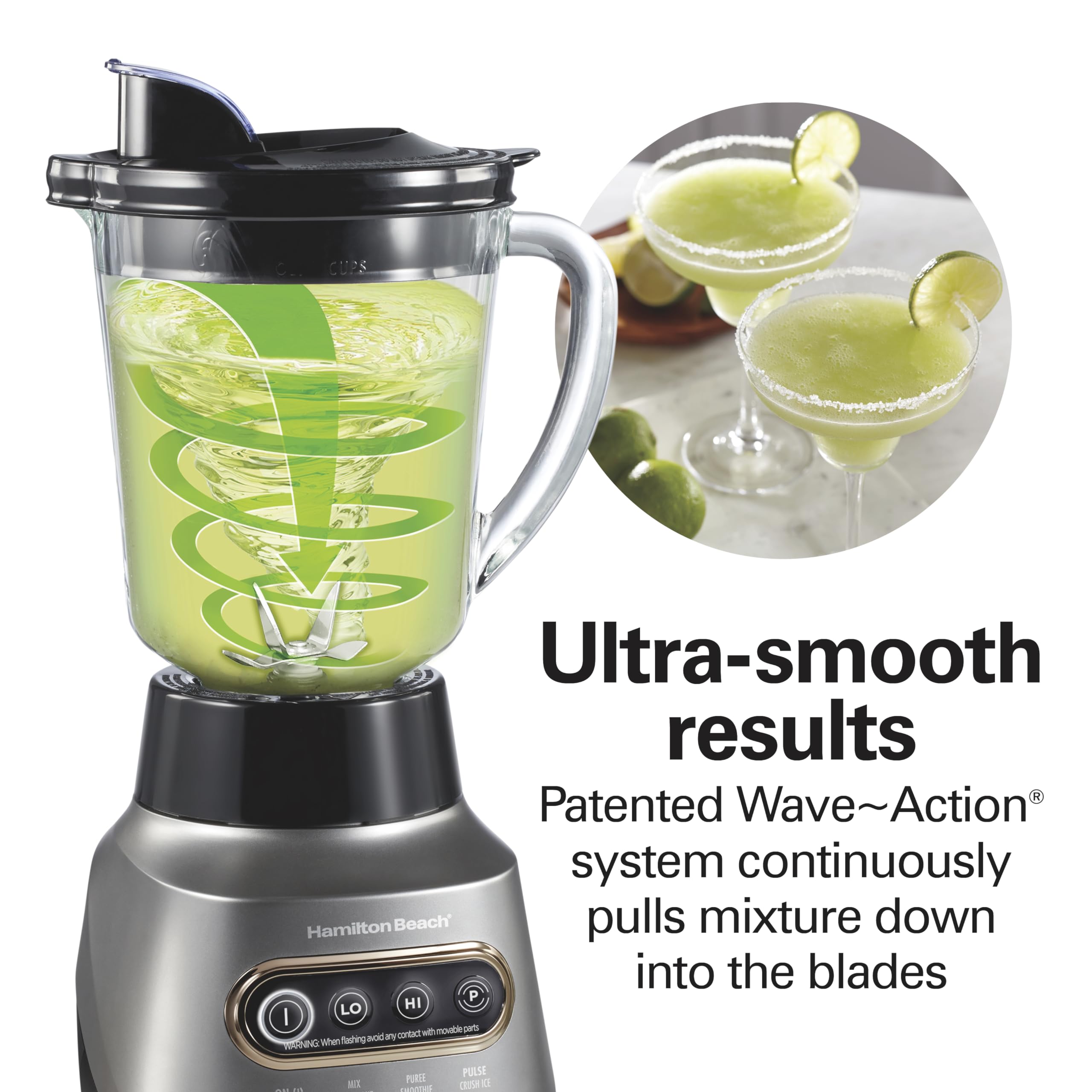 Hamilton Beach Wave Action Blender for Smoothies, Stainless Steel Ice Sabre Blades, 40oz Glass Jar, 20oz Blend-In Portable Travel Jar, 800 Watts, Quiet Design, Silver (58181)