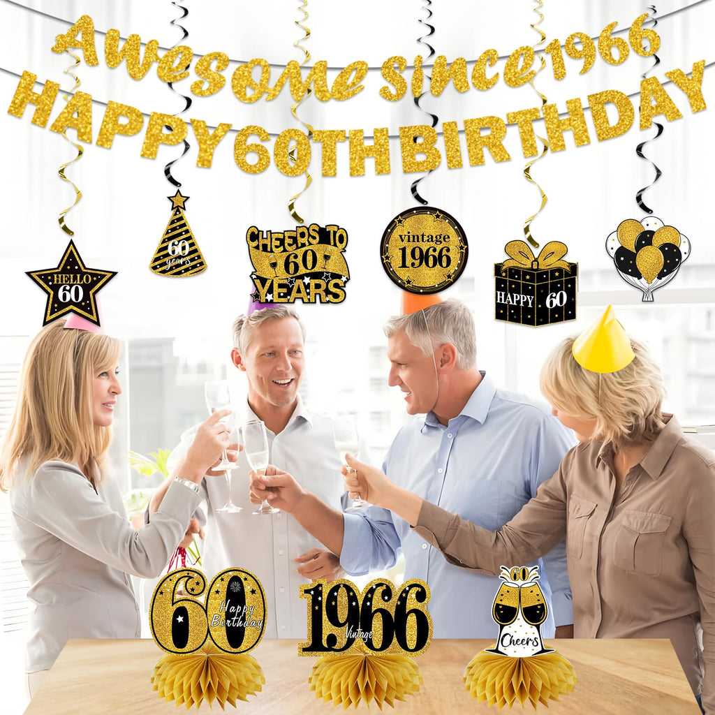 Kuxriox 11Pcs 60th Birthday Decorations Kit for Men Women, Black Gold Happy 60th Birthday Banner, Awesome Since 1966 Centerpieces Swirls Party Supplies, Sixty Bday Banner Ceiling Table Topper Sign