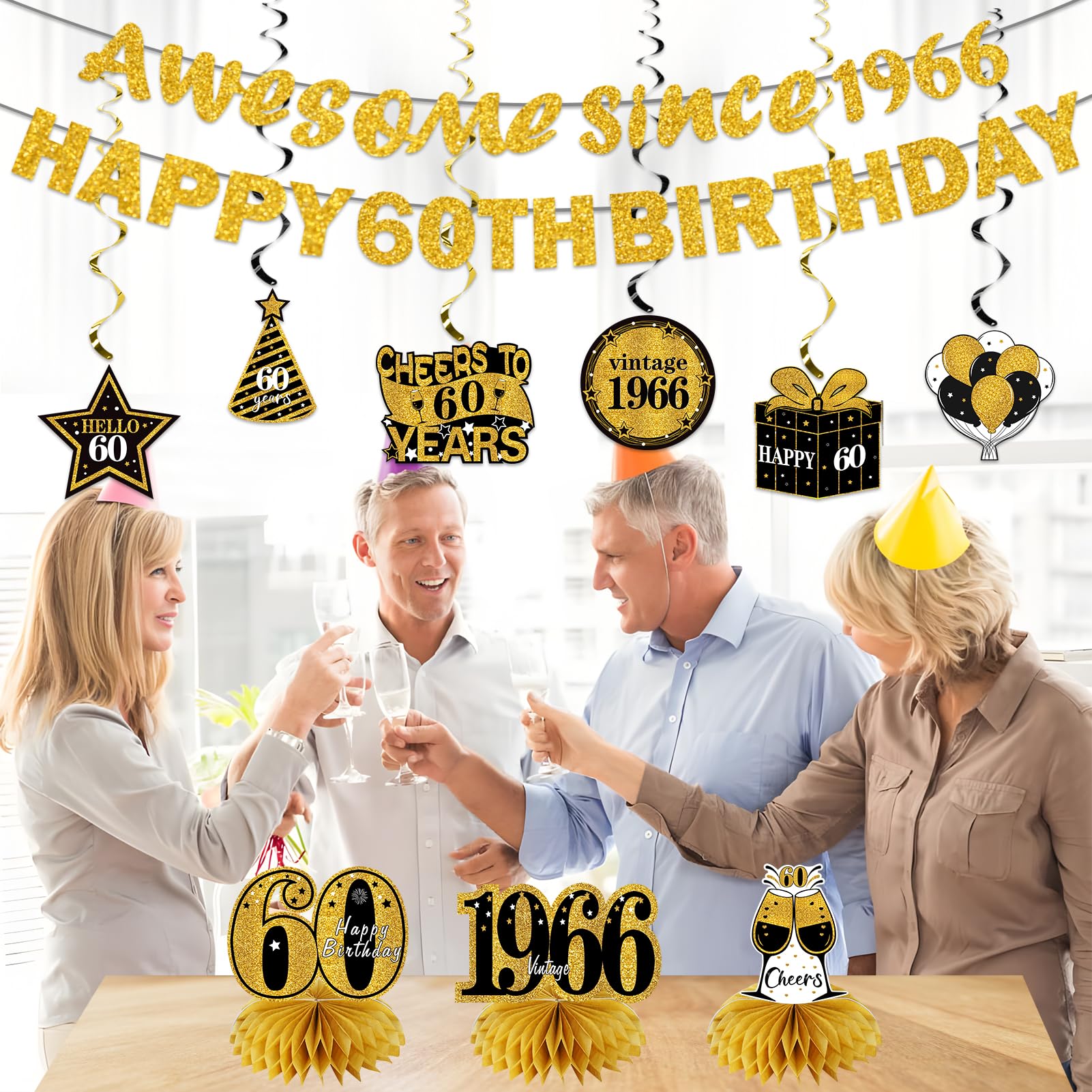 Kuxriox 11Pcs 60th Birthday Decorations Kit for Men Women, Black Gold Happy 60th Birthday Banner, Awesome Since 1966 Centerpieces Swirls Party Supplies, Sixty Bday Banner Ceiling Table Topper Sign
