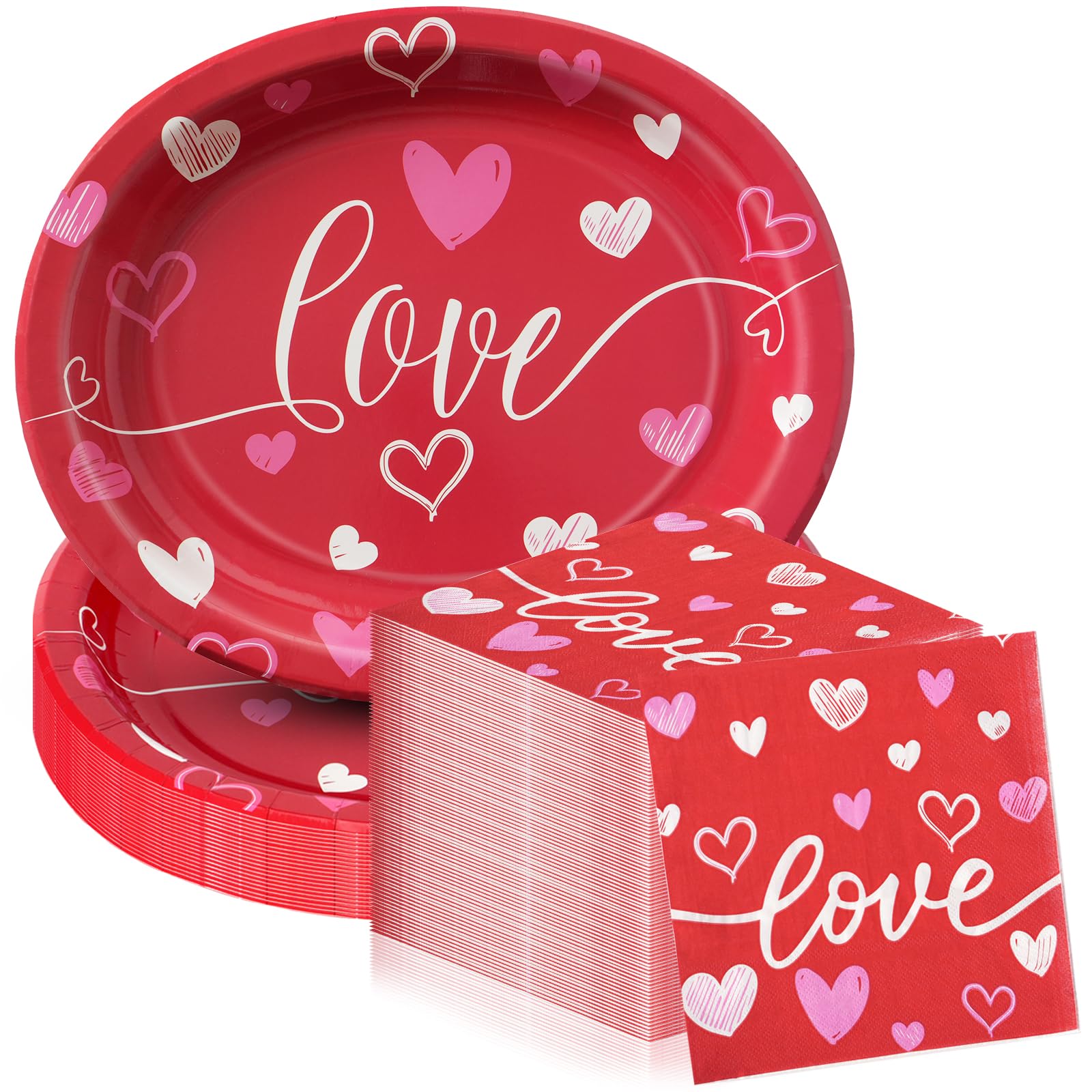 Dereinwo 50Pcs Valentines Day Large 12" x 10" Oval Paper Plates and Napkins Disposable Heavy Duty Paper Plates and Napkins for Valentines Day Party Supplies
