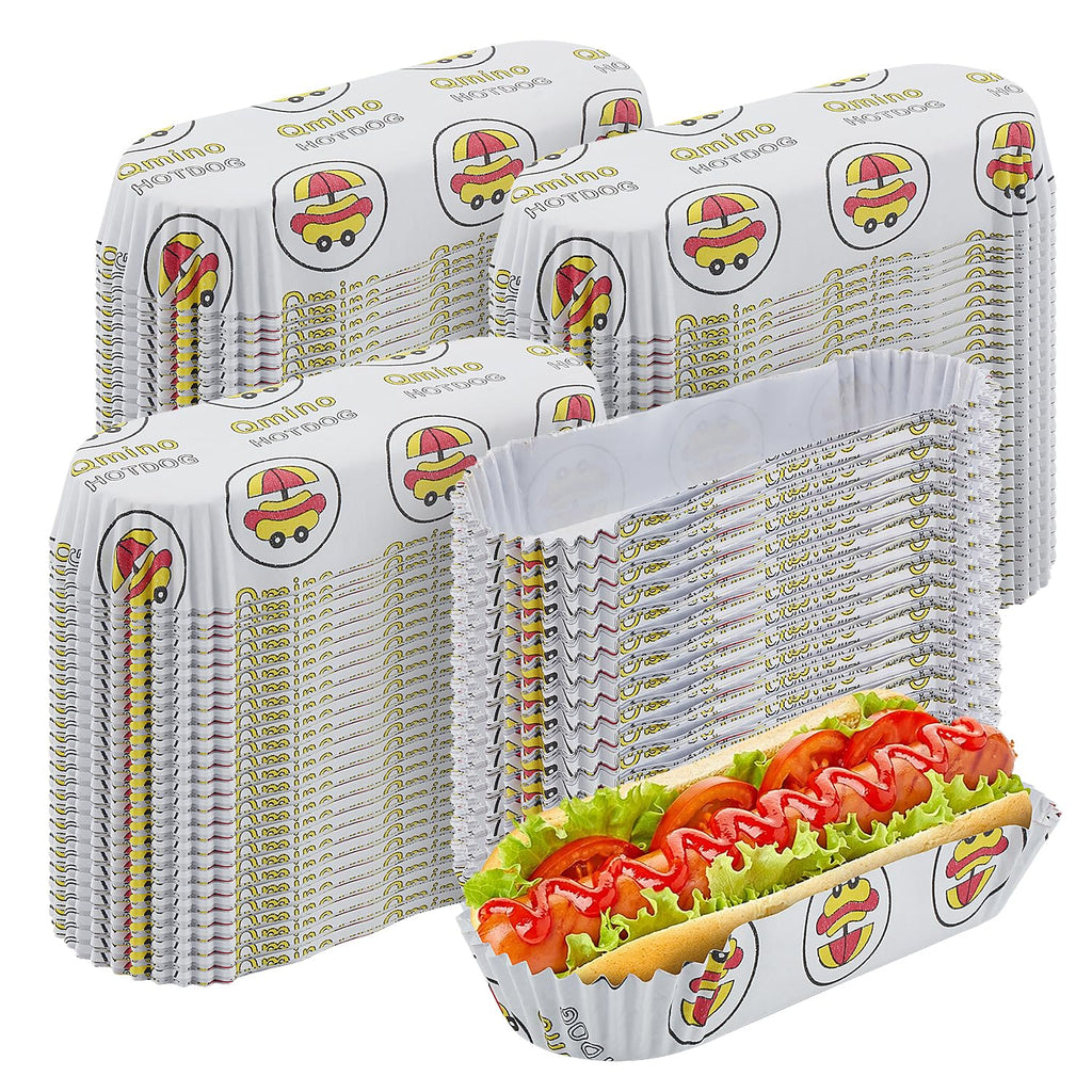 Qmino 300Pcs Hot Dog Trays, 6'' Paper Food Trays Eco Friendly, Boats Rectangular Fluted Hot Dog Tray, Disposable Food Tray Hot Dog Cart Accessories for Takeout Food