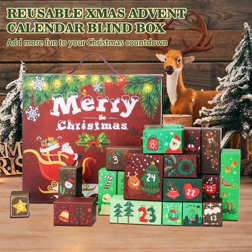 Christmas Advent Calendar 2025, Empty Advent Calendar to Till Yourself, 24 Days Christmas Countdown Advent Calendar, Reusable Xmas Gifts Boxes for Boys Girls Teens Adults