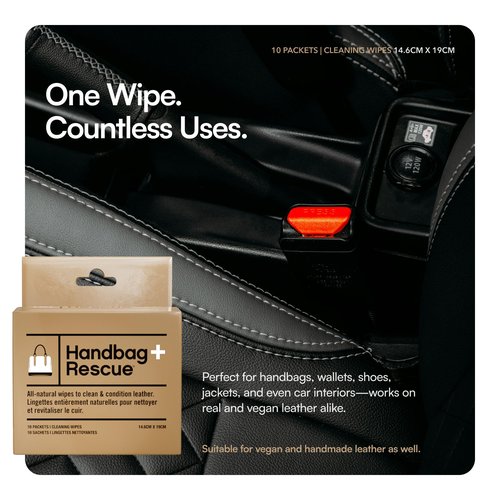 HandBagRescue All-Natural Cleaning Wipes. Remove Dirt & Surface Stains & Conditions Leather Handbags with Essential Oil. Box of 10 Individually Wrapped Wipes.