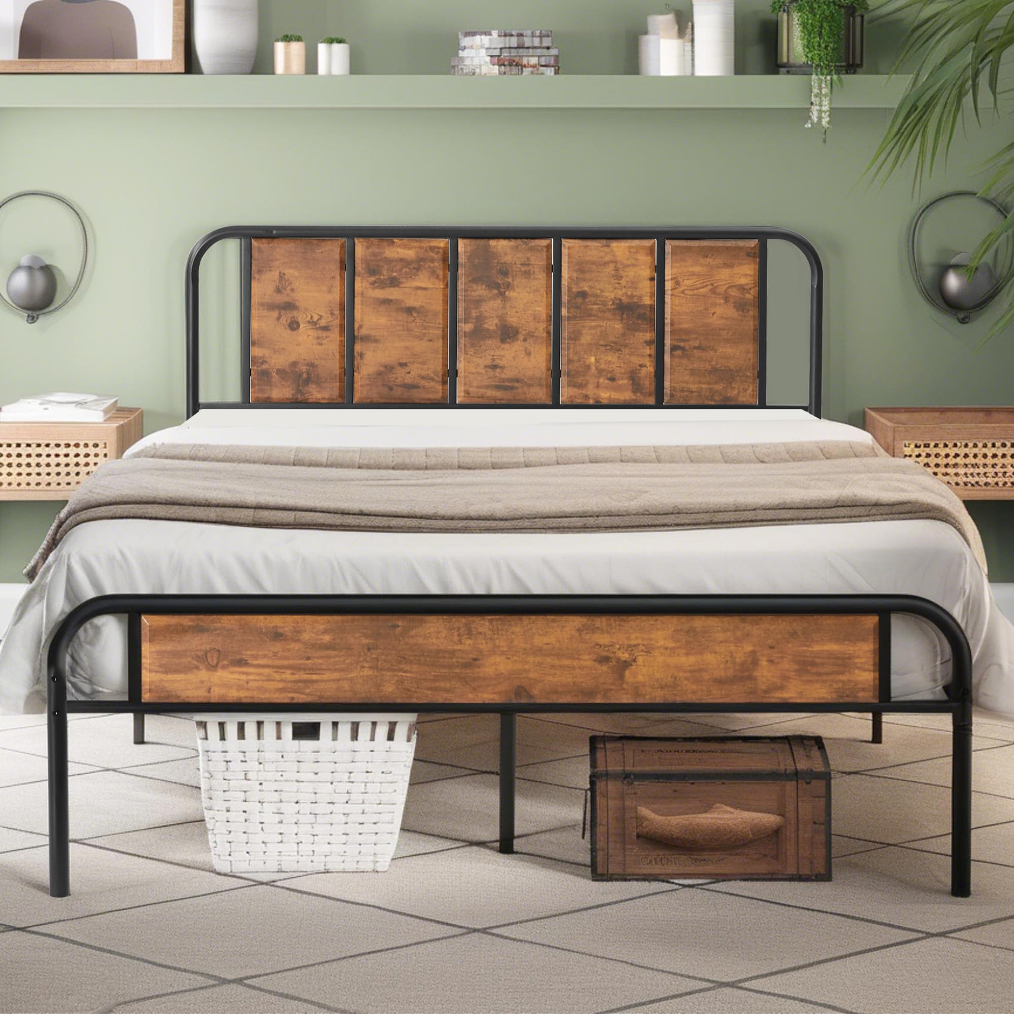 VECELO Queen Size Bed Frame Metal Platform with Wood Headboard,Sturdy Steel Slats Support/Matress Foudation/No Box Spring Needed(Brown)
