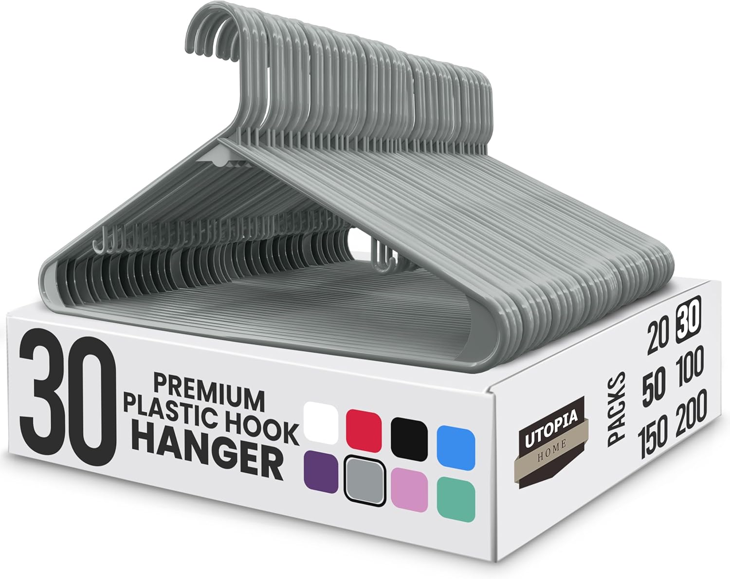 Utopia Home Plastic Hangers 30 Pack - Durable Space-Saving Clothes Hangers with Hooks (Grey)