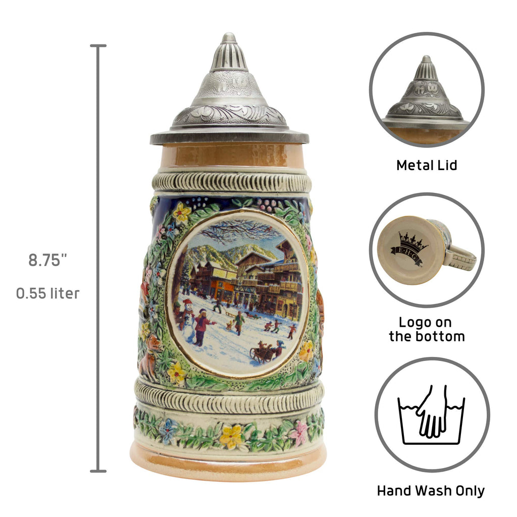 0.55 Liter OktoberfestHaus (Winter) In Germany Beer Stein With Lid - German Gifts for Men, Collectible Steins, Mugs for Beer Lover Gift Idea