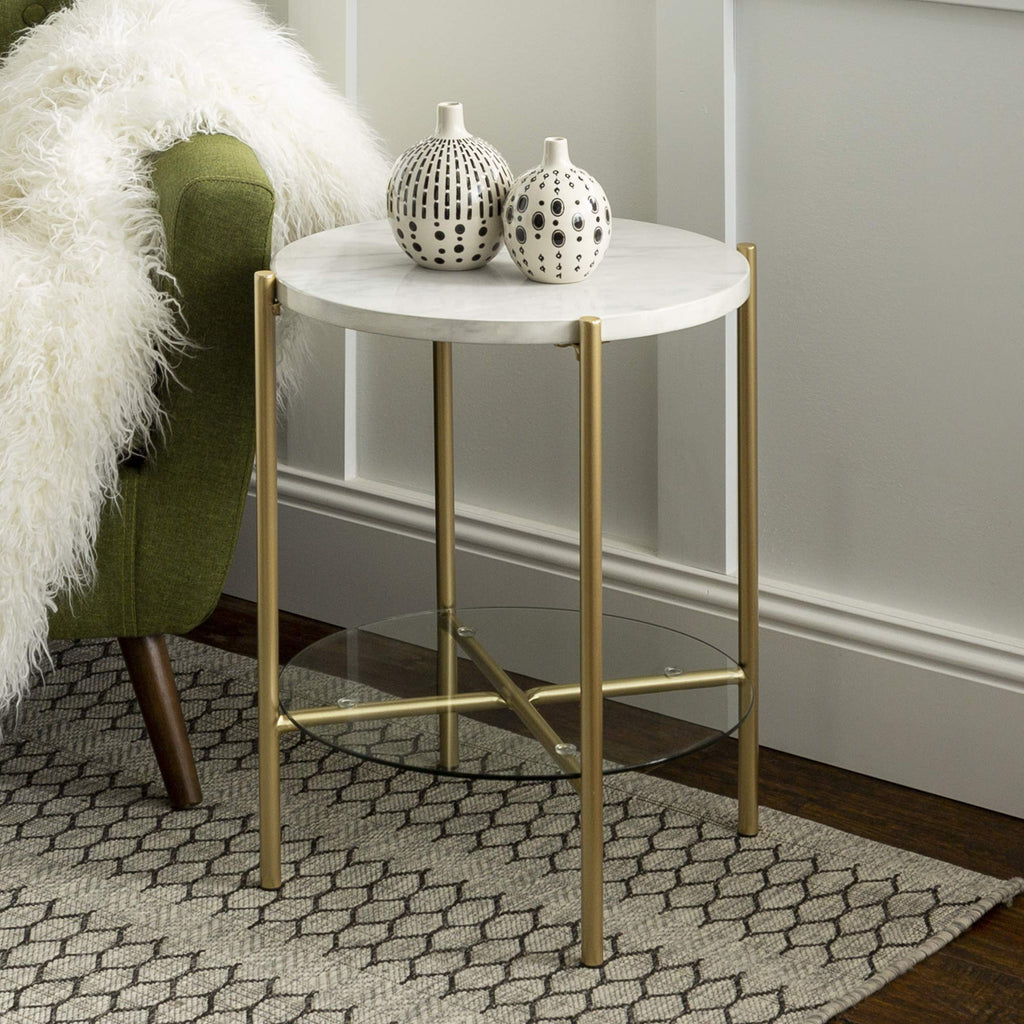 Walker Edison Blaine Mid Century Modern Marble and Glass Round Accent Table, 20 Inch, Marble and Gold