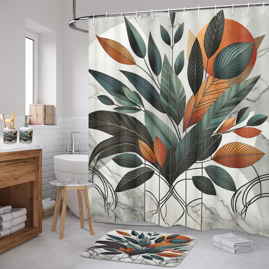 Ambesonne Boho Bathroom Decor Set 4 Pcs, Shower Curtain Bath Mat Soap Dispenser Toothbrush Holder in a Gift Box Essentials and Accessories, Mid Century Exotic Leaf, Orange Laurel Green Grey
