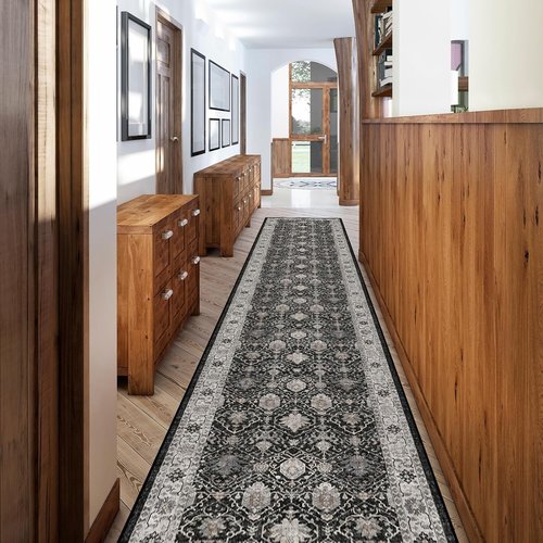 Hallway Washable Runner Rug - Vintage Soft Non-Slip Floor Mat for Kitchen & Entryway | 2'6''x12', Black