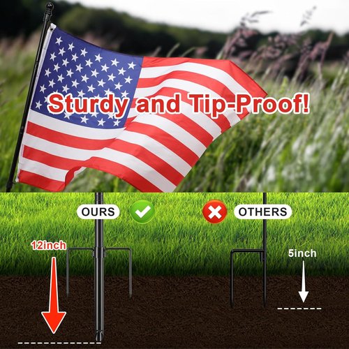 Heavy Duty Ground Flag Pole Kit - 8.5FT Tangle-Free Inground Flagpole with Windproof Prong | Black