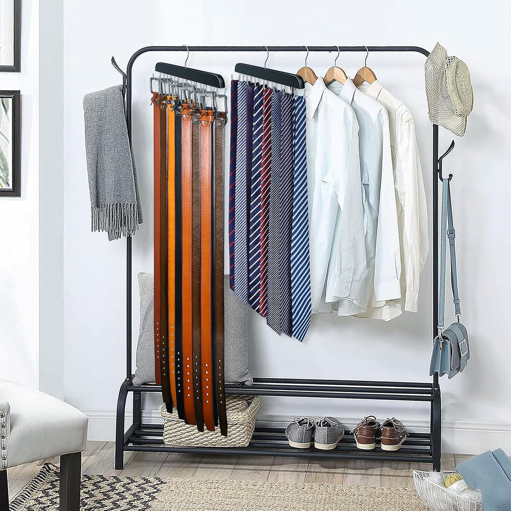 Skiennix Belt Hanger - Sturdy Wood Belt Rack Organizer with 14 Hooks | Max 42 Belts - Black