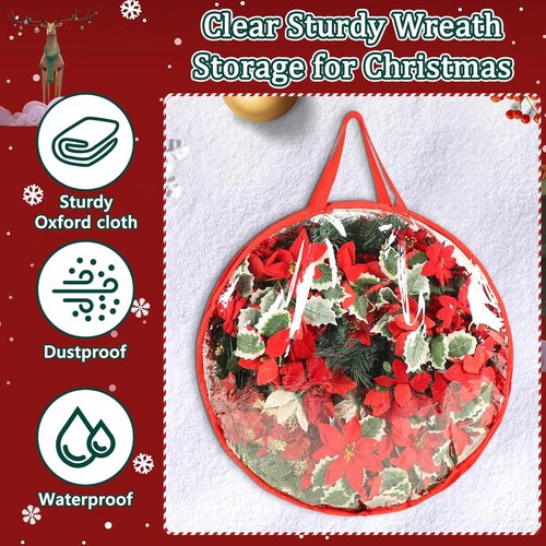 4 Pcs Christmas Wreath Storage Bag - 24 Inch Waterproof PVC Container with Red Edging & Handles