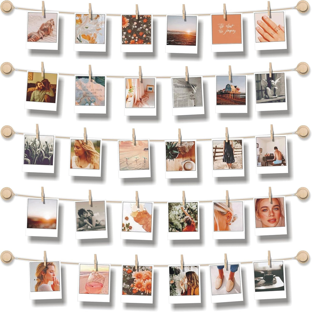 PhotoWall Hanging Photo Display | Sculptural Picture Frames Collage - 5 Strings, 30 Clips, 3M Hooks - 30 x 30 Inch