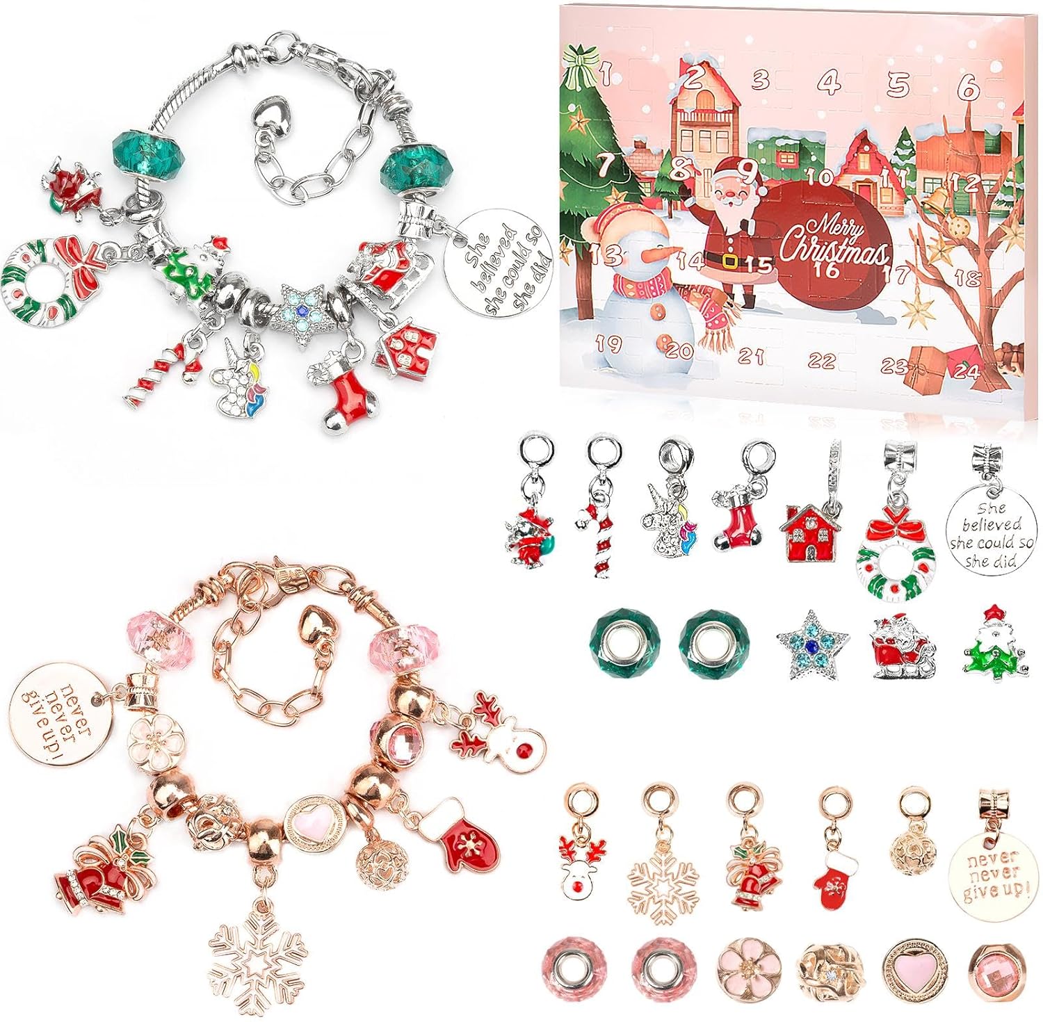 Skiennix Advent Calendar 2025 - Girls' DIY Charm Bracelet Jewelry | 24-Day Pink Xmas Countdown Gift