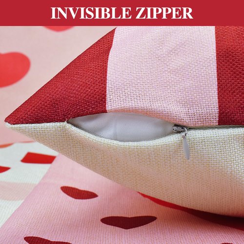 Yjunue Valentine's Day Love Heart Red Pink Throw Pillow Covers,18 x 18 Inch Red White Stripes Love Heart Anniversary Wedding Valentine Decoration Cushion Case,Set of 4