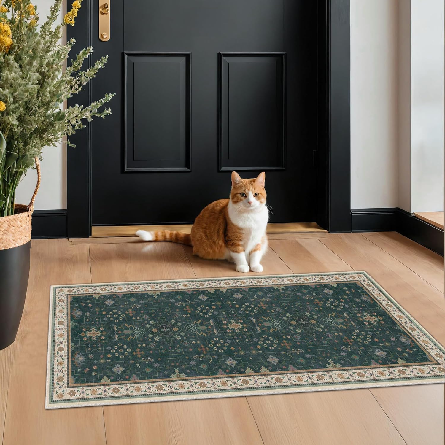 Oushak Dark Green 2x4 Entryway Rug - Modern Vintage Boho Floral Design, Washable Non-Slip Small Area Rug