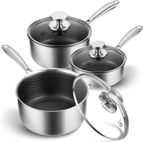 KOCH SYSTEME CS Hybrid Nonstick Stainless Steel Saucepan Set - 6-Piece Triply Design, Induction Ready, 1QT, 2QT & 3QT Pots