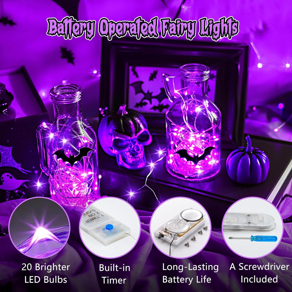 Minetom 6 Pack Purple Fairy Lights - 7ft Battery Operated Waterproof LED String Lights for Halloween Decor & Crafts