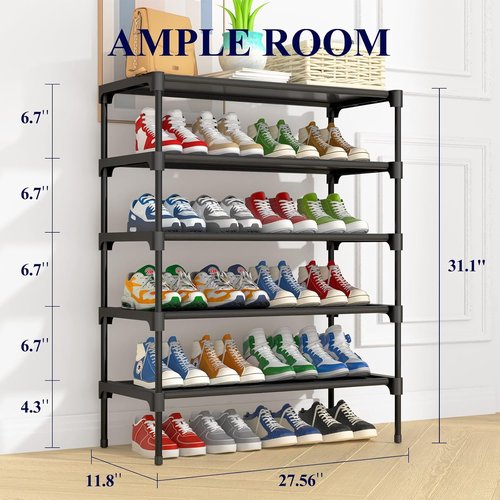 Kitsure Shoe Rack - Stackable 5-Tier Non-Woven Shoe Organizer for Closet & Entryway - 27.5" Wide, Black