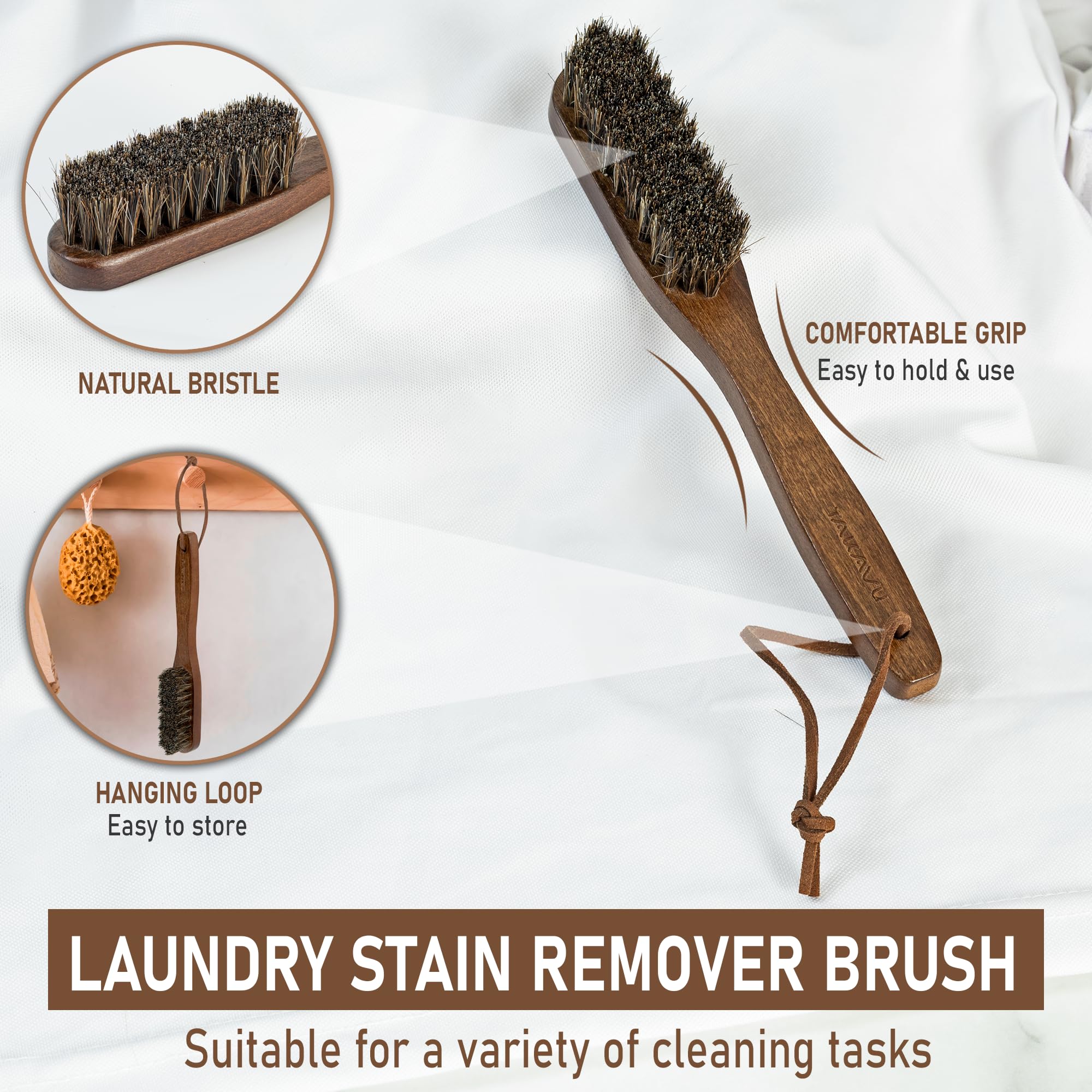 Takavu Horsehair Laundry Stain Brush Set (2 Pack) - Soft Bristle Spot Cleaner for Delicate Fabrics, Clothes Pre-Wash, Gentle Garment Care Tool