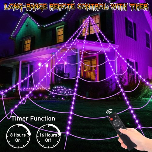 Halloween Spider Web Lights 250 LED: 19.68Ft Outdoor Web Halloween Decorations with Purple Lights - Halloweens Decor Light with 8 Modes Waterproof & Timer for Outdoor Indoor Yard Haunted House