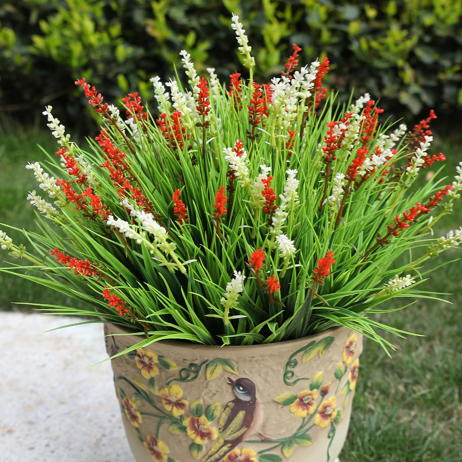 alyptus Artificial Flowers Outdoor 12 Bundles Fake Plants Outside Red Flower Grass Faux Greenery Spring Summer Wildflower Decoration for Outdoors Yard Front Porch Planter Decor (Red Flowers)